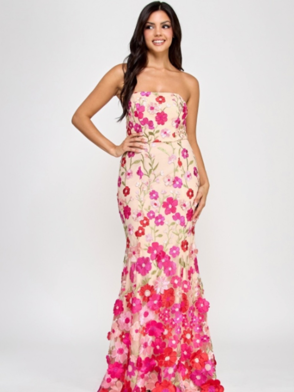 Say Yes Juniors' Embroidered Embellished 3D Floral Gown, Nude/Pink/Red Size 0
